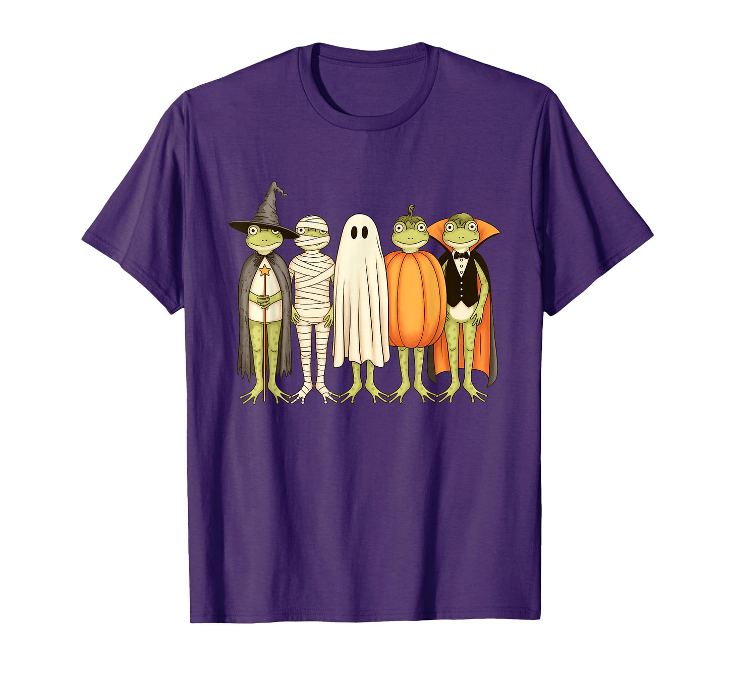 Kawaii Frogs in Halloween Costumes Witch Ghost Pumpkin Mummy T-Shirt