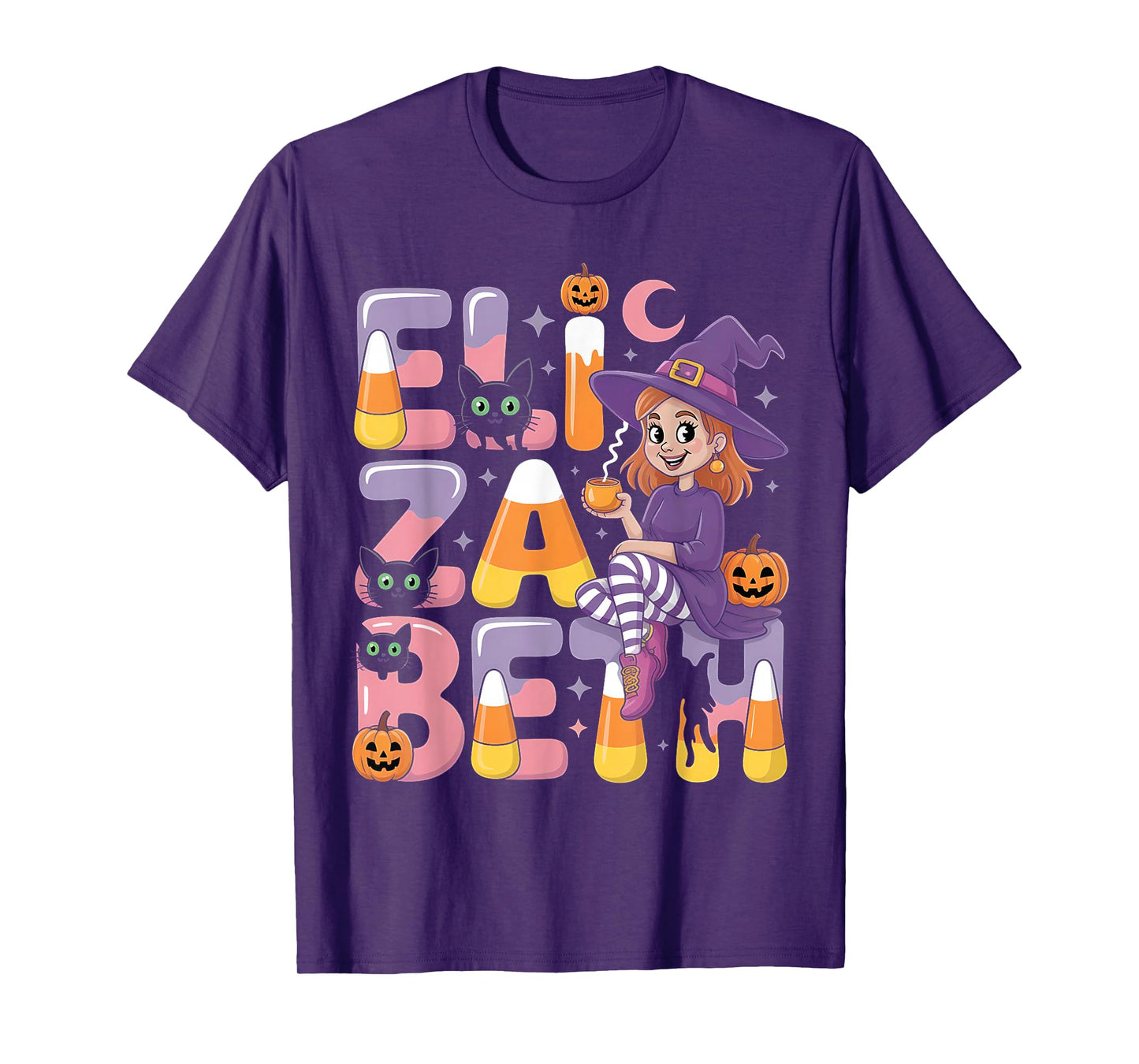 Elizabeth Witch Candy Corn Cat Halloween Women and Girls T-Shirt