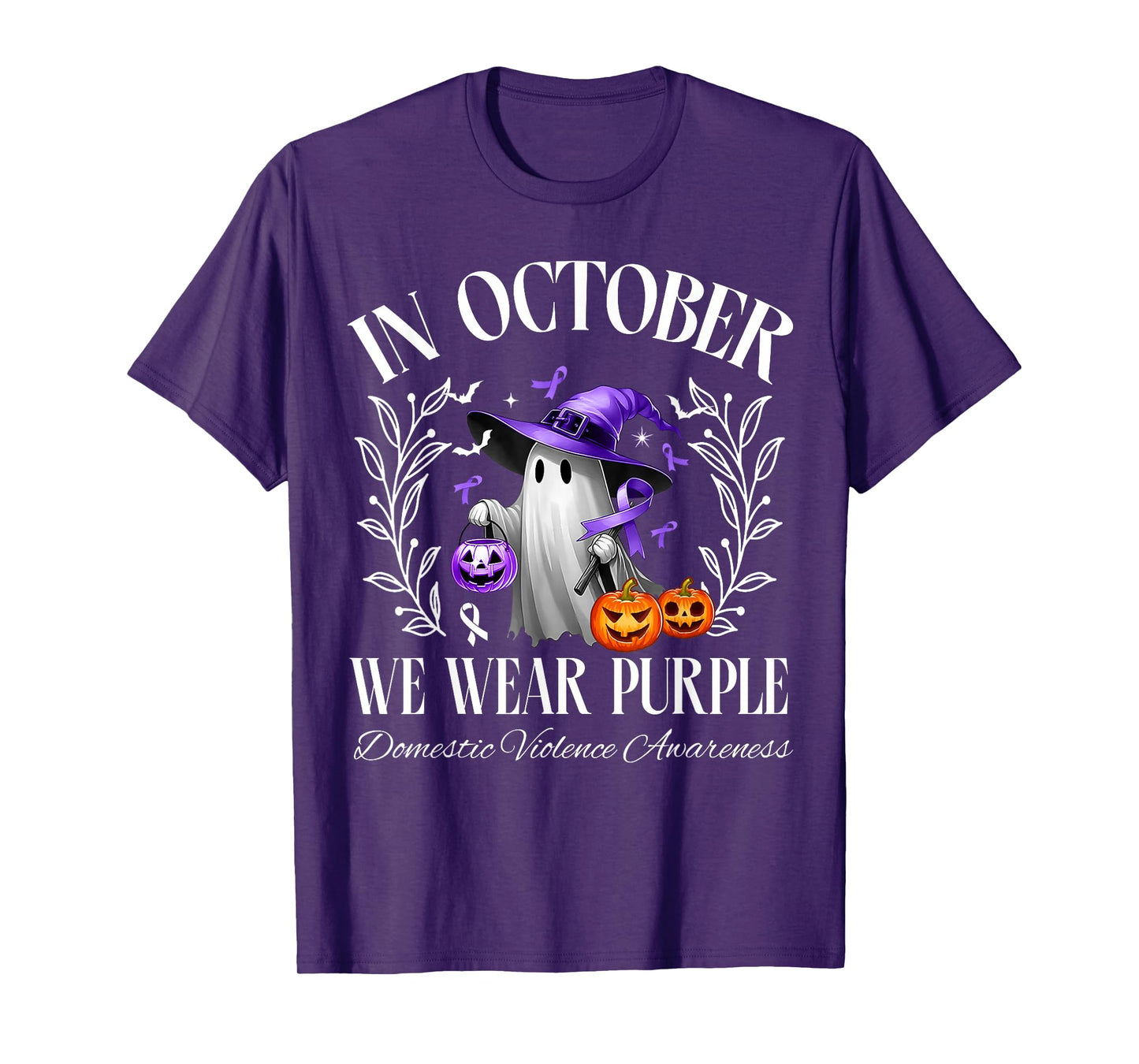 In October We Wear Purple Domestic Violence Ghost Halloween T-Shirt