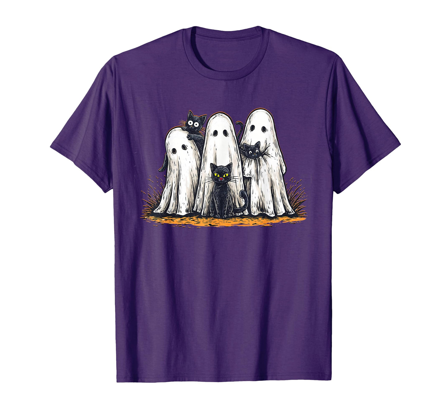 Vintage Halloween Ghost Holding Black Cat Groovy Floral T-Shirt