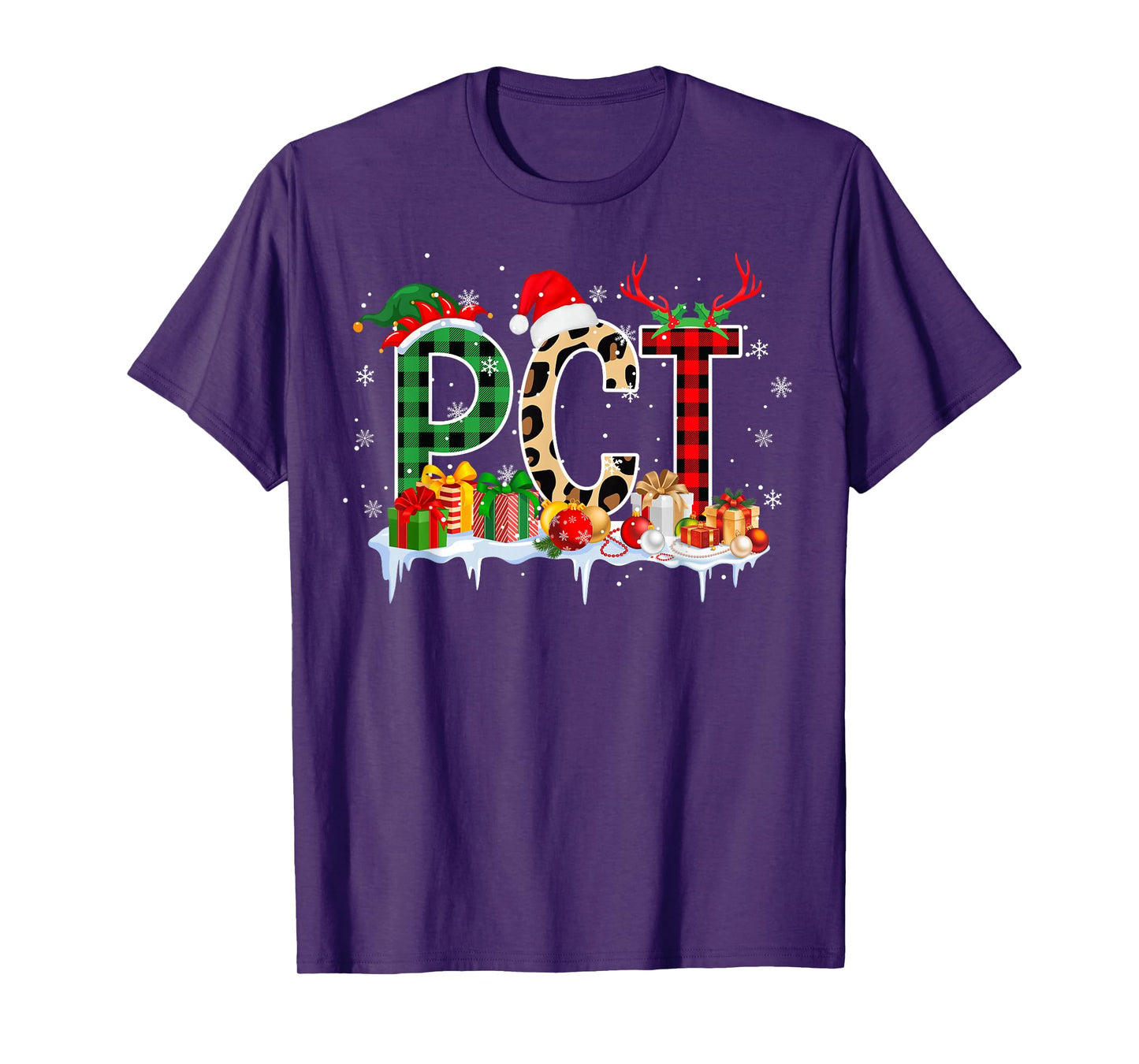 Leopard Red Plaid PCT Nursing Santa Hat Reindeer Christmas T-Shirt