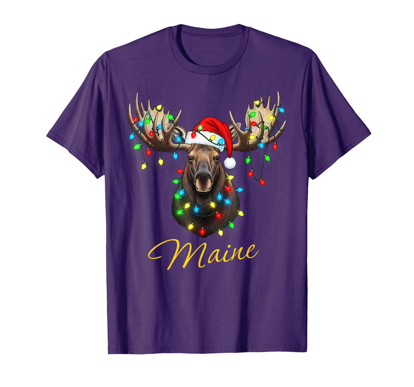 Funny Maine State Moose Christmas Lights Wearing Santa Hat T-Shirt