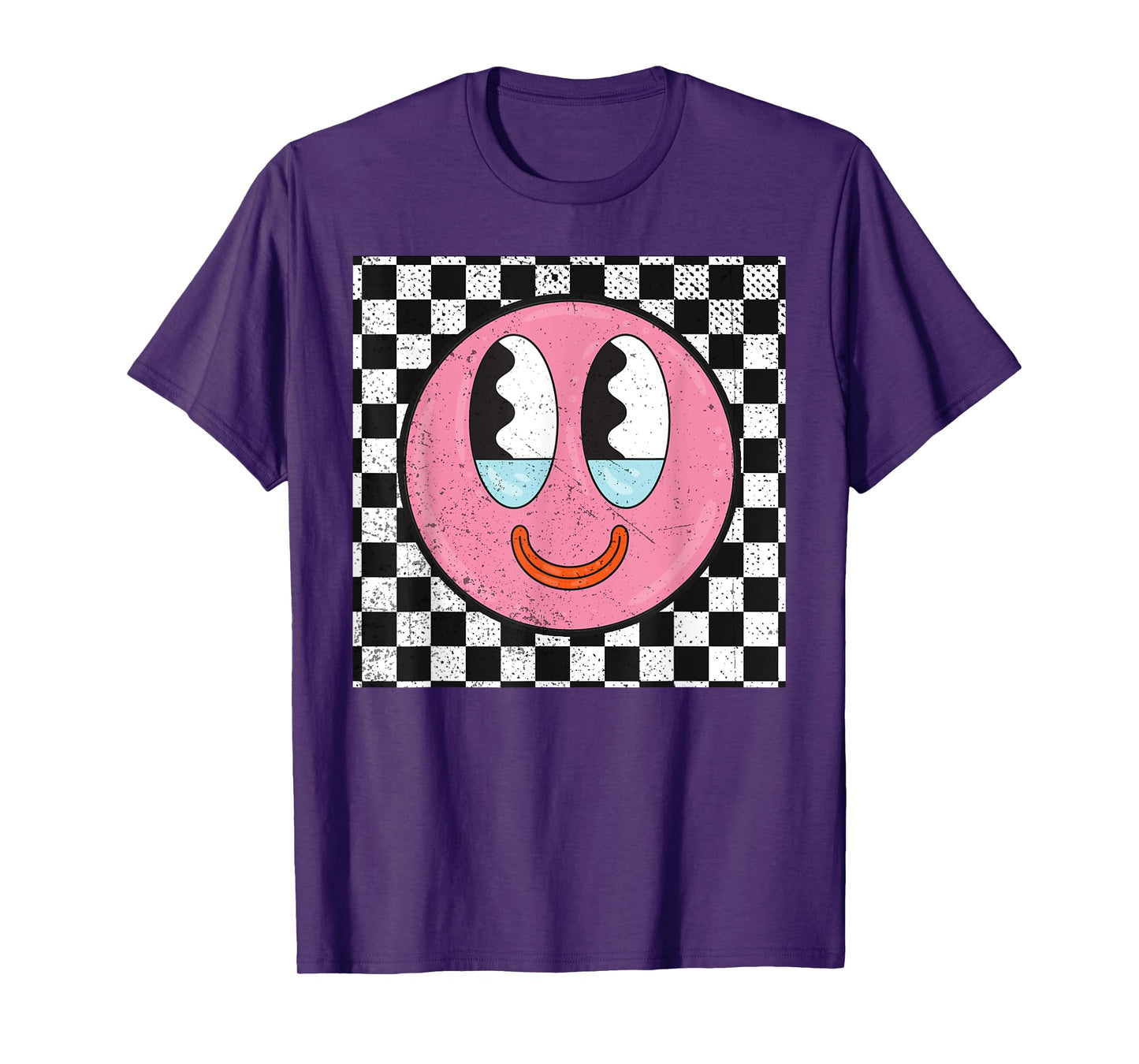 Retro Happy Face Checkered Pattern Smile Face T-Shirt