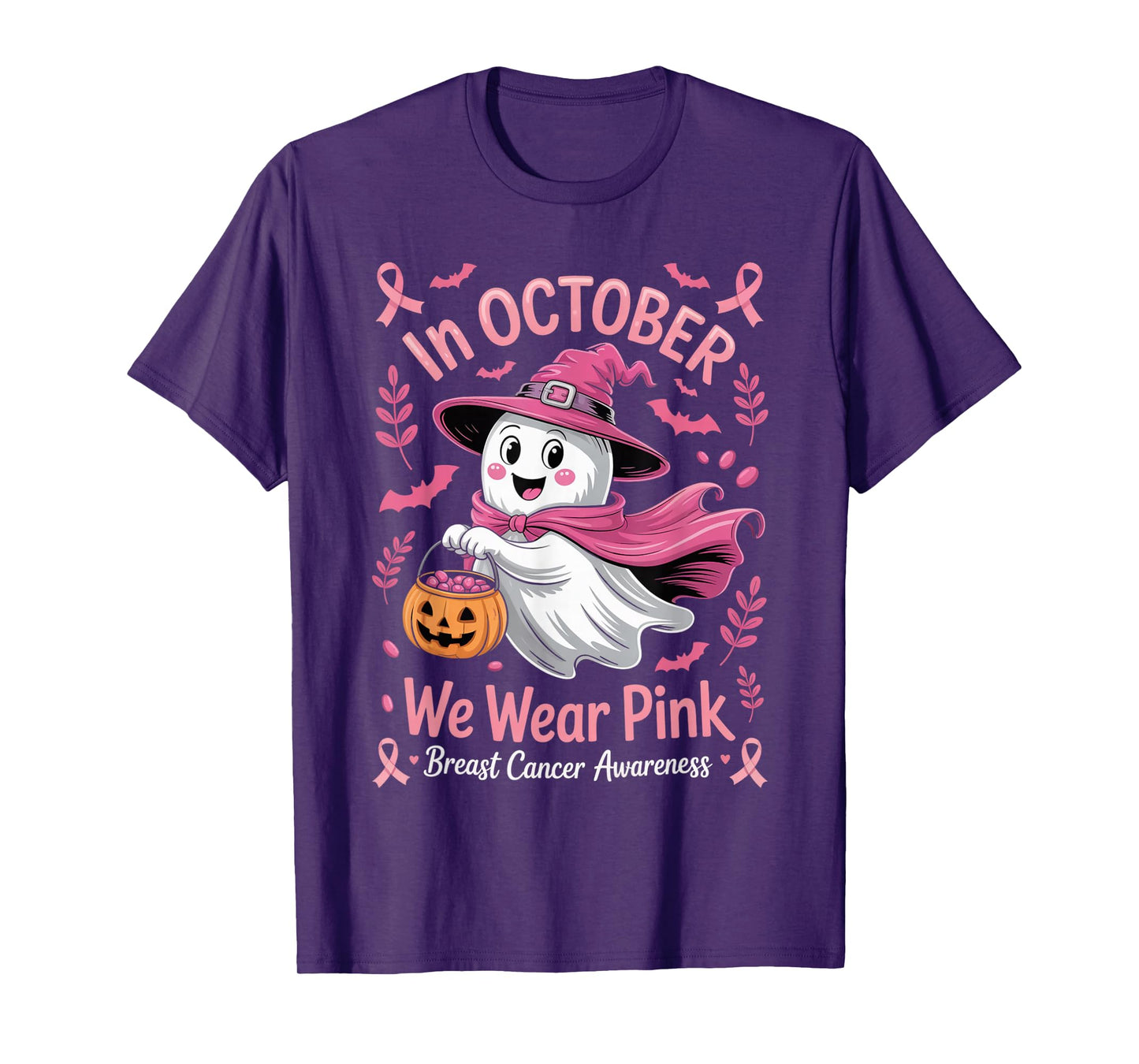 Pink Ghost Halloween Breast Cancer Awareness October Funny T-Shirt
