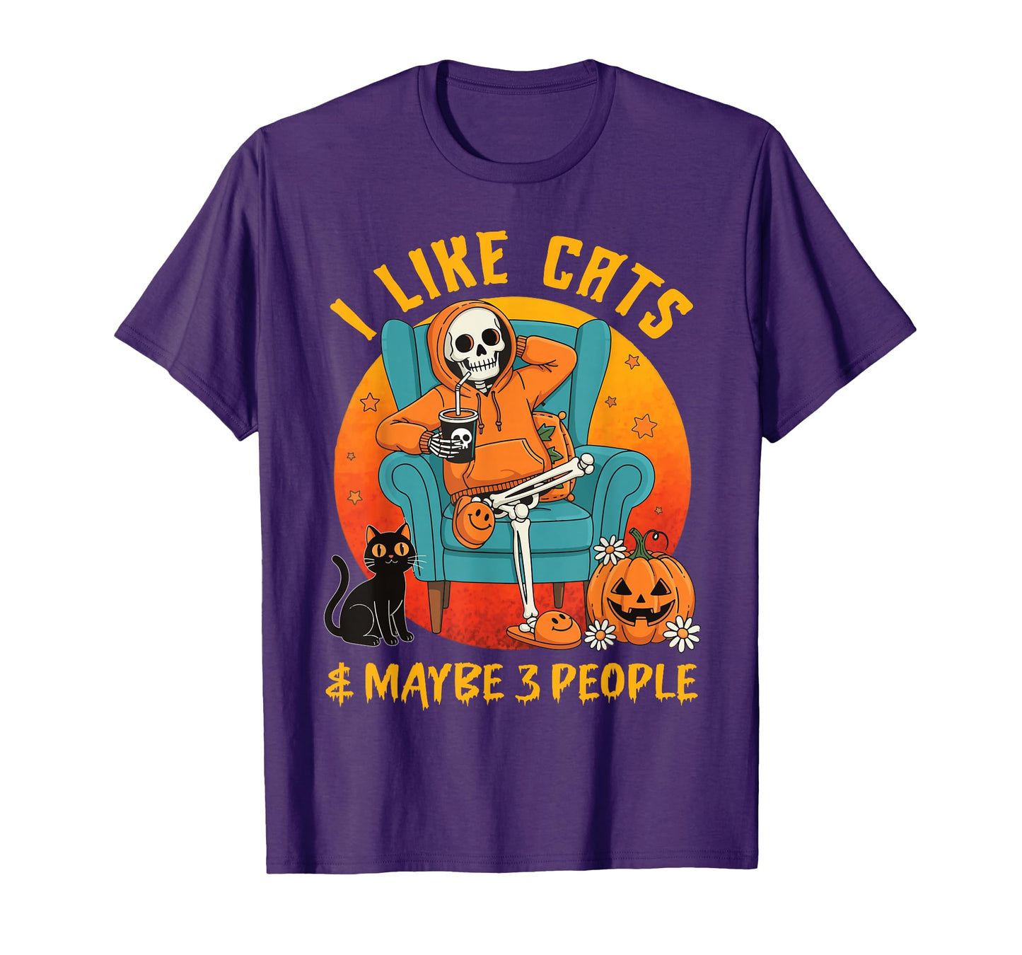 I Like Cats & Maybe 3 People, Skeleton Cat Halloween Pumpkin T-Shirt