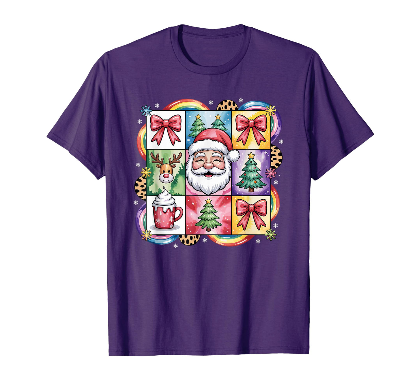 Colorful Patchwork Christmas Santa Reindeer Cocoa T-Shirt
