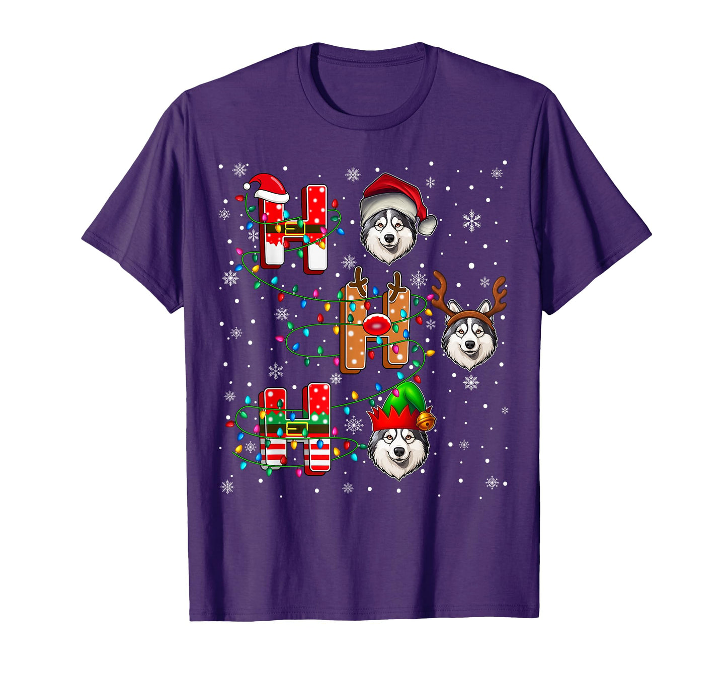 Ho Ho Ho Santa Reindeer Hat Elf Alaskan Malamute Dog Xmas T-Shirt
