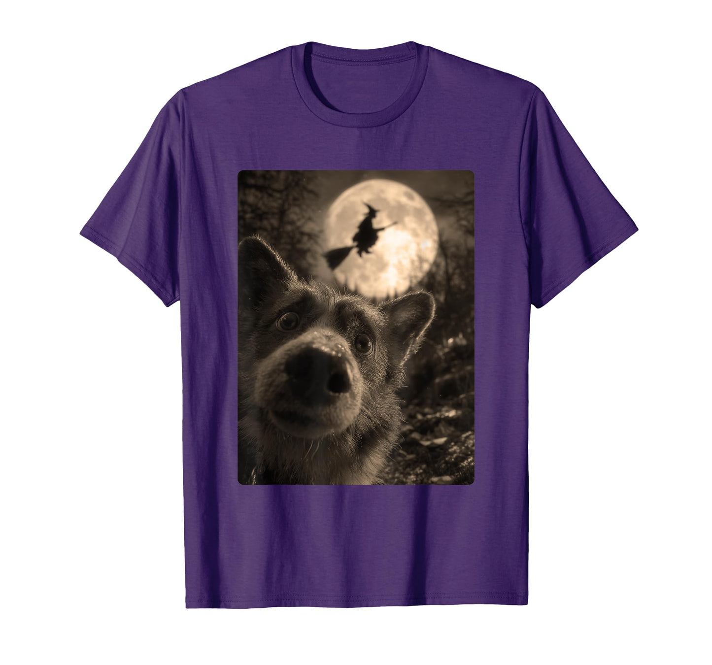 Funny Corgi Selfie with Full Moon Flying Witch Halloween Dog T-Shirt