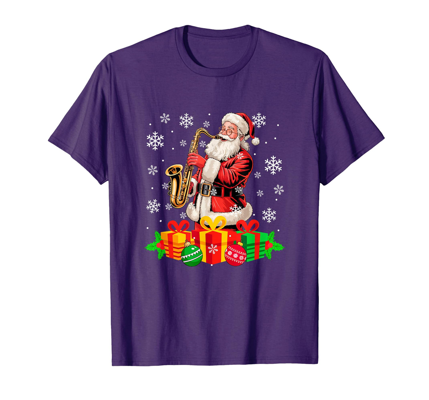 Santa Playing Saxophone Instrument Colorful Christmas Boxes T-Shirt
