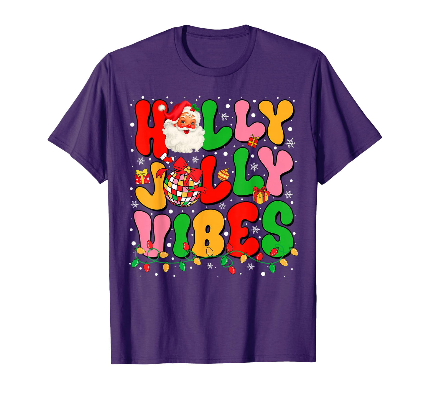 Holly Xmas Jolly Vibes Santa Christmas Lights Disco Ball T-Shirt