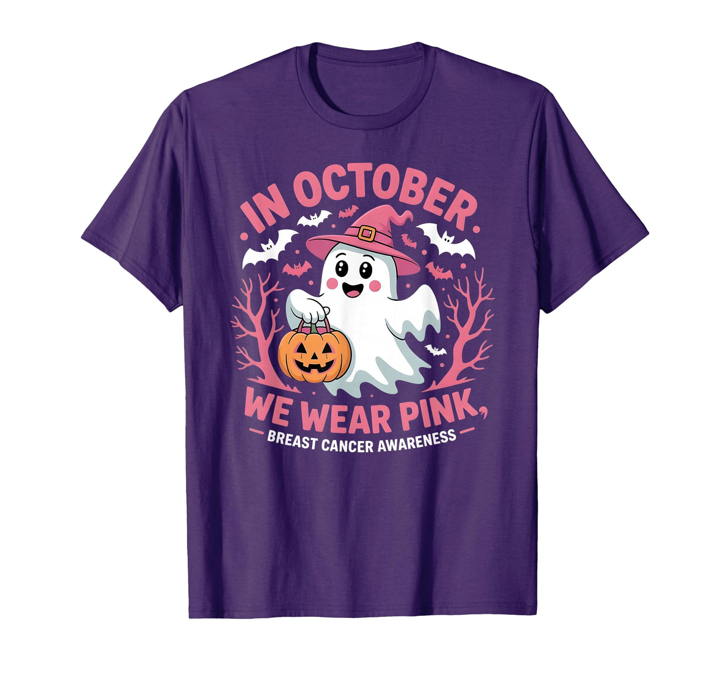 in October We Wear Pink Ghost Breast Cancer Awareness T-Shirt