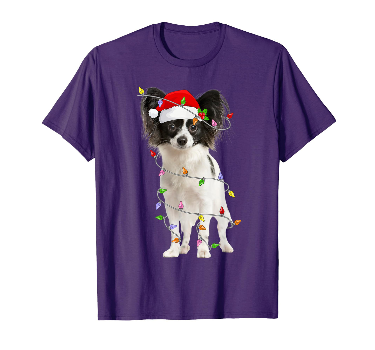 Papillon Dog Christmas Santa Hat Lights Funny Pet Dog Xmas T-Shirt