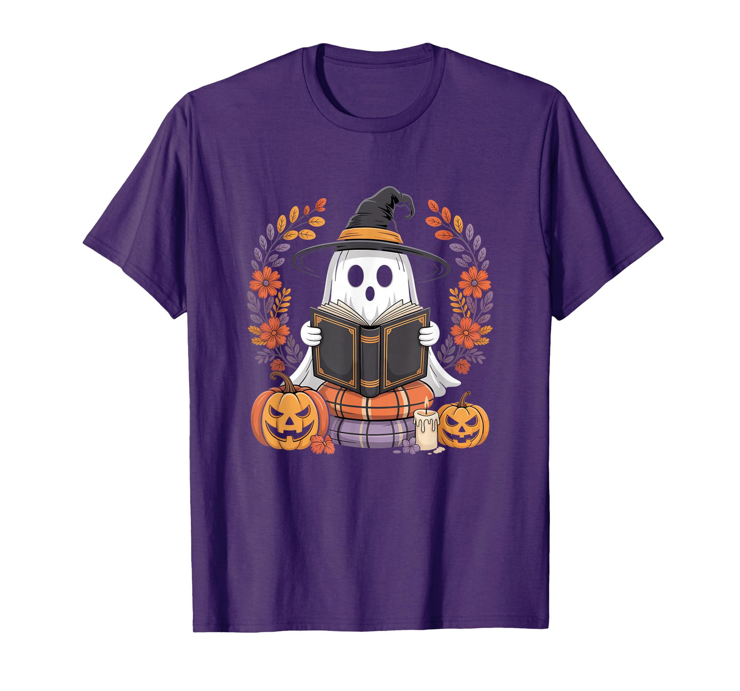 Halloween Ghost Reading Books Witch Hat Pumpkin Candle T-Shirt