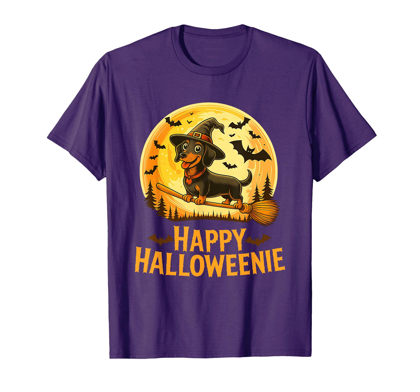 Funny Dachshundw Witch Hat Halloween Wiener Dog Moon T-Shirt