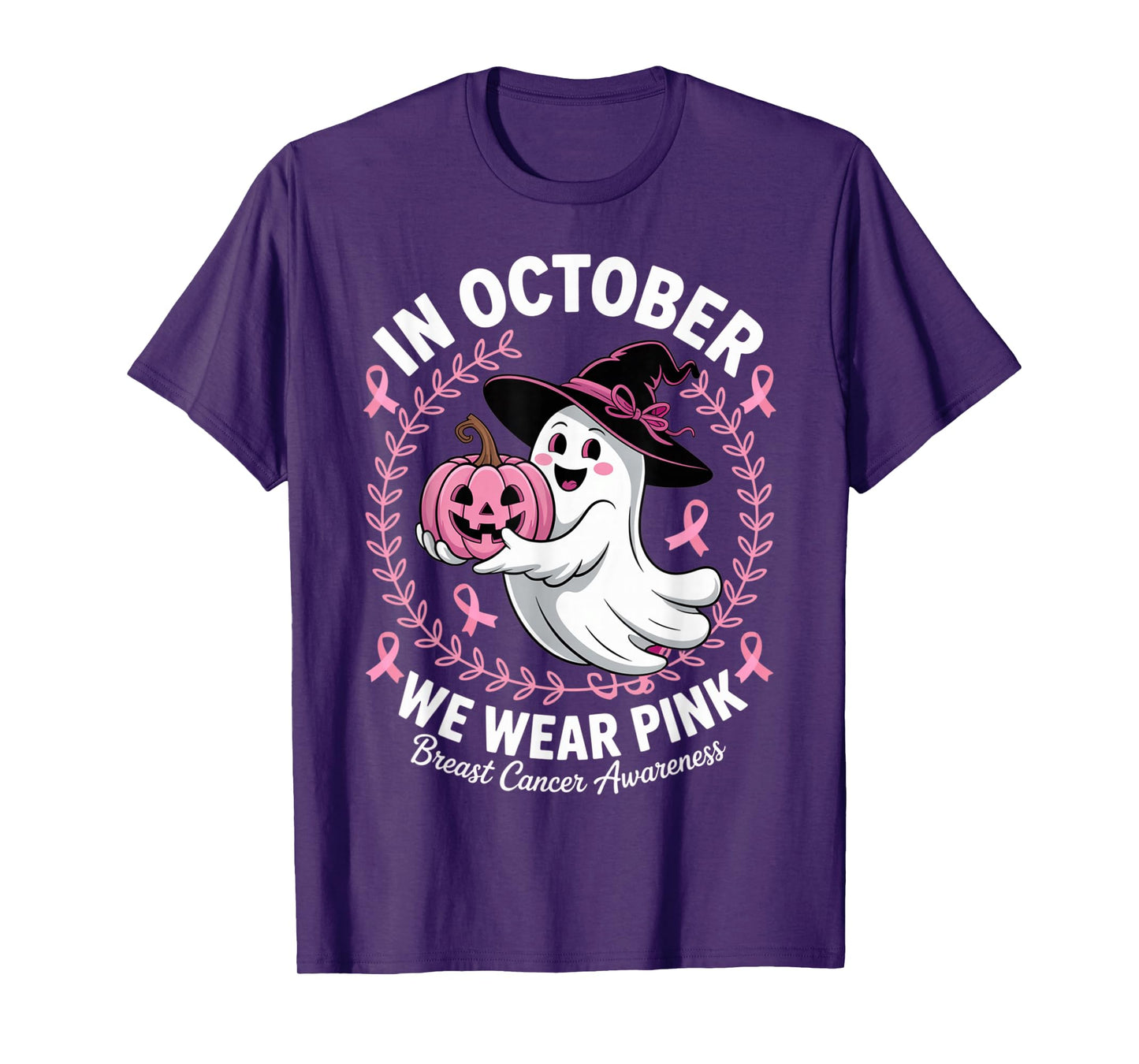 Breast Cancer Awareness in October We Wear Pink Ghost Witch T-Shirt