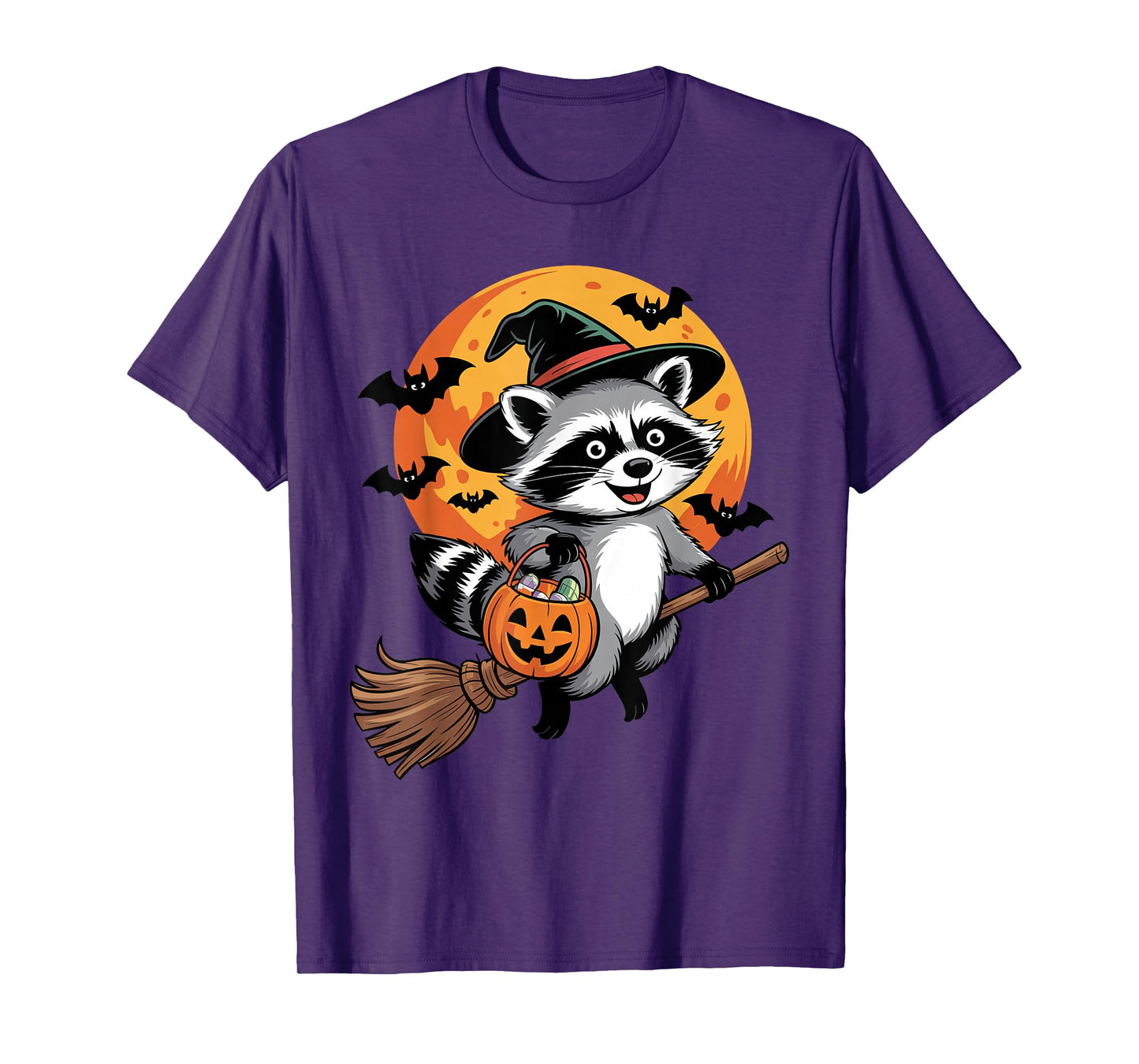Trick or Treat Raccoon Witch Halloween Pumpkin Candy Bucket T-Shirt