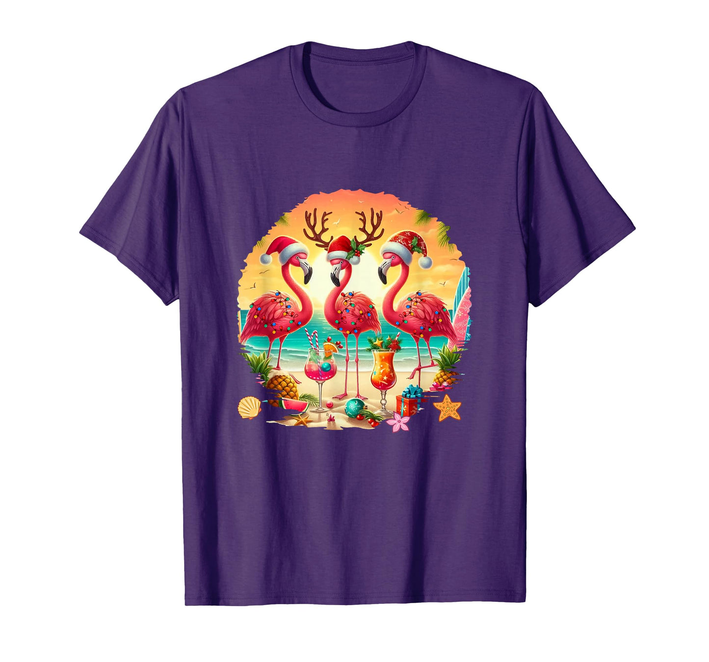 Three Santa Flamingos Drinking Cocktail Hawaiian Christmas T-Shirt
