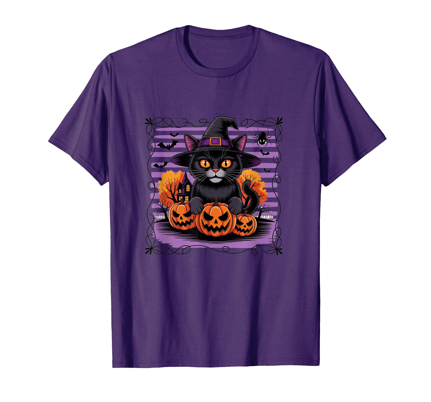 Halloween Cat with Witch Hat and Pumpkins T-Shirt