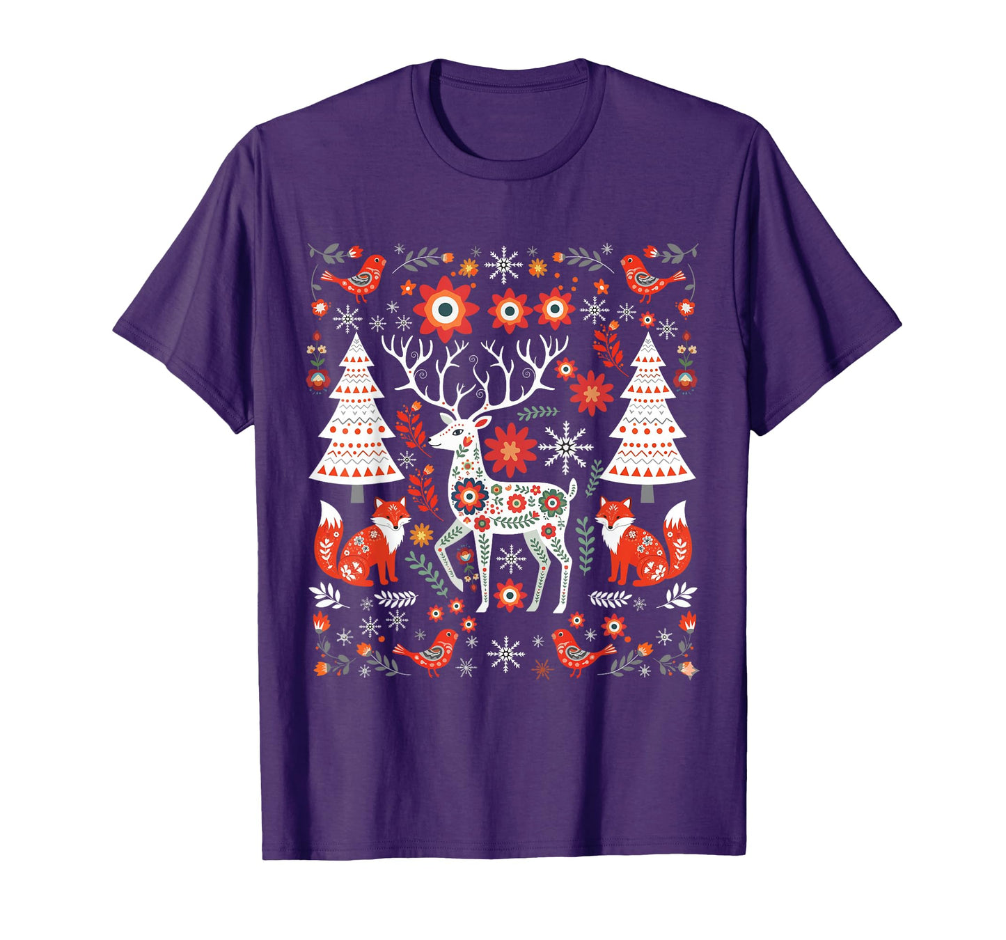 Reindeer Scandinavian Yuletide Season Botanical Christmas T-Shirt