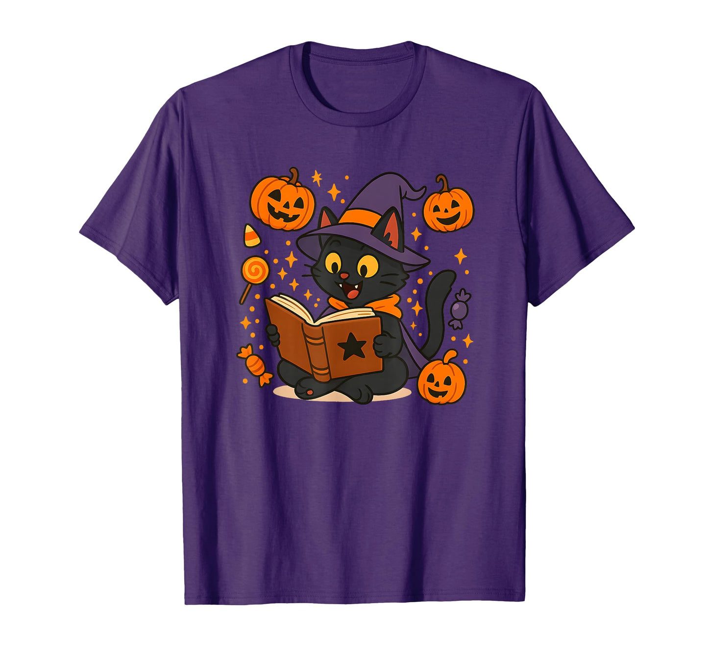 Spooky Witch Cat Halloween Costume Black Cats Books Pumpkin T-Shirt