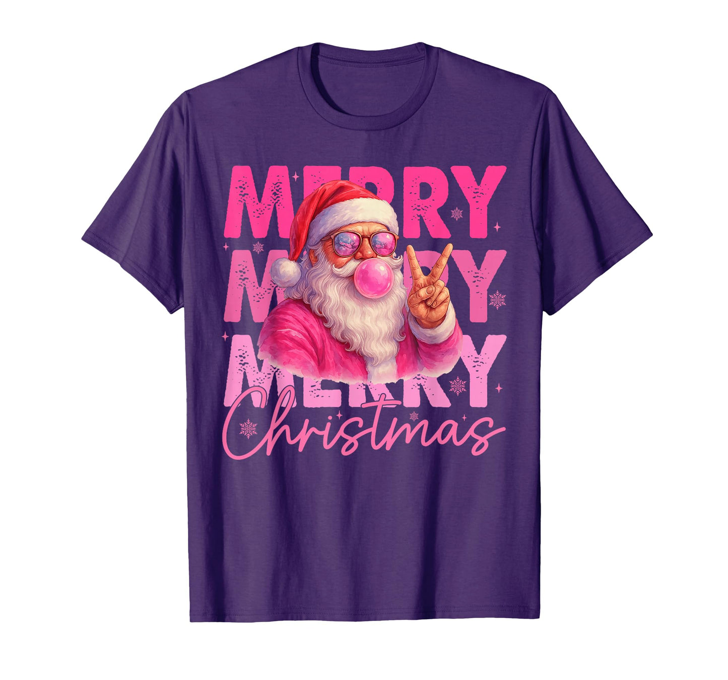 Mery Christmas Santa Claus Blowing Bubble Gum Pink Glasses T-Shirt