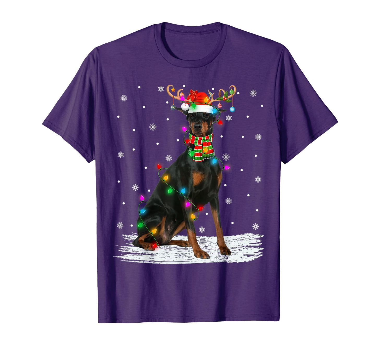 Doberman Pinscher Dog Christmas Lights Reindeer Santa Xmas T-Shirt