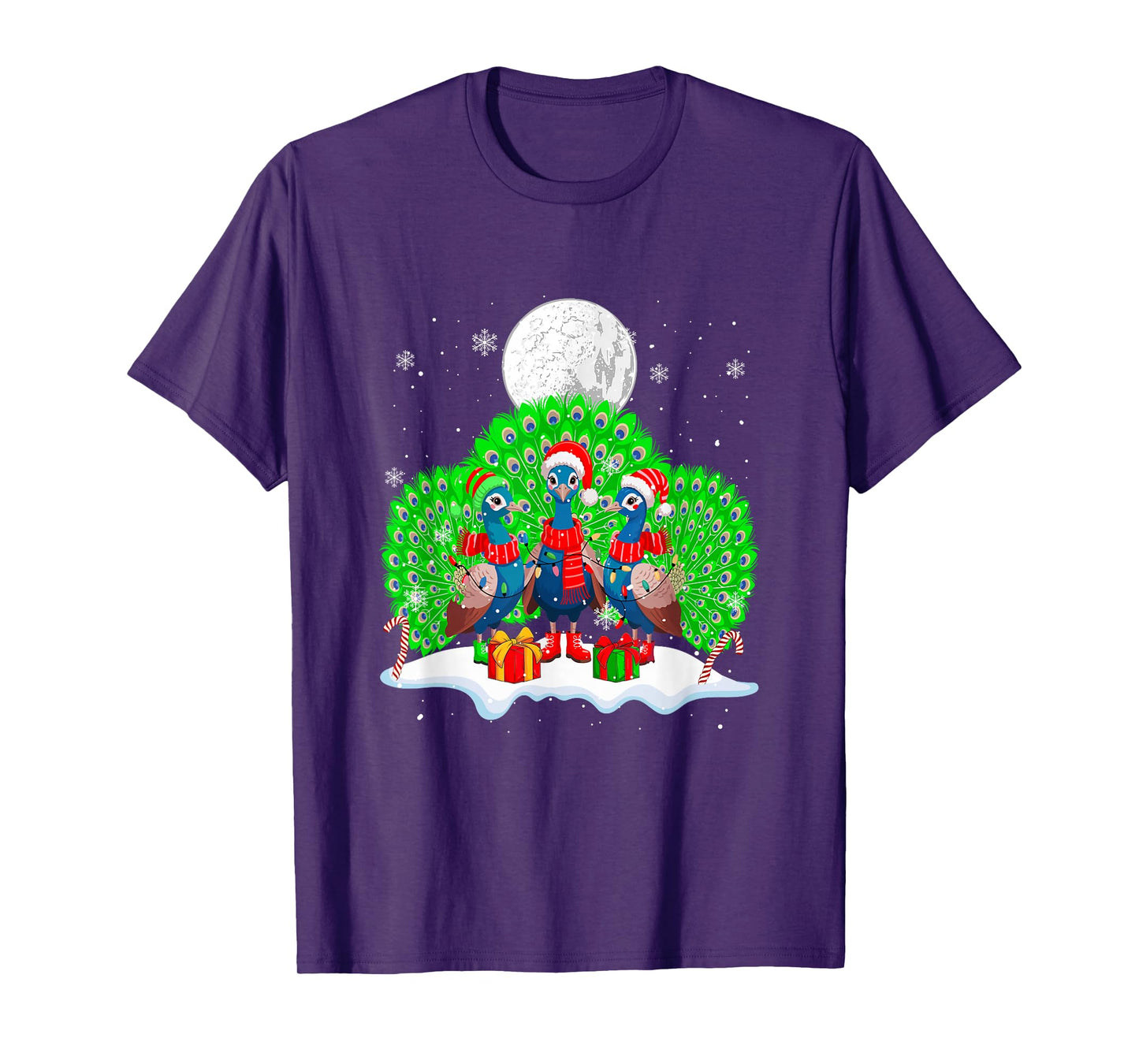Three Santa Peacocks Christmas Snow Colorful Lights Lover T-Shirt