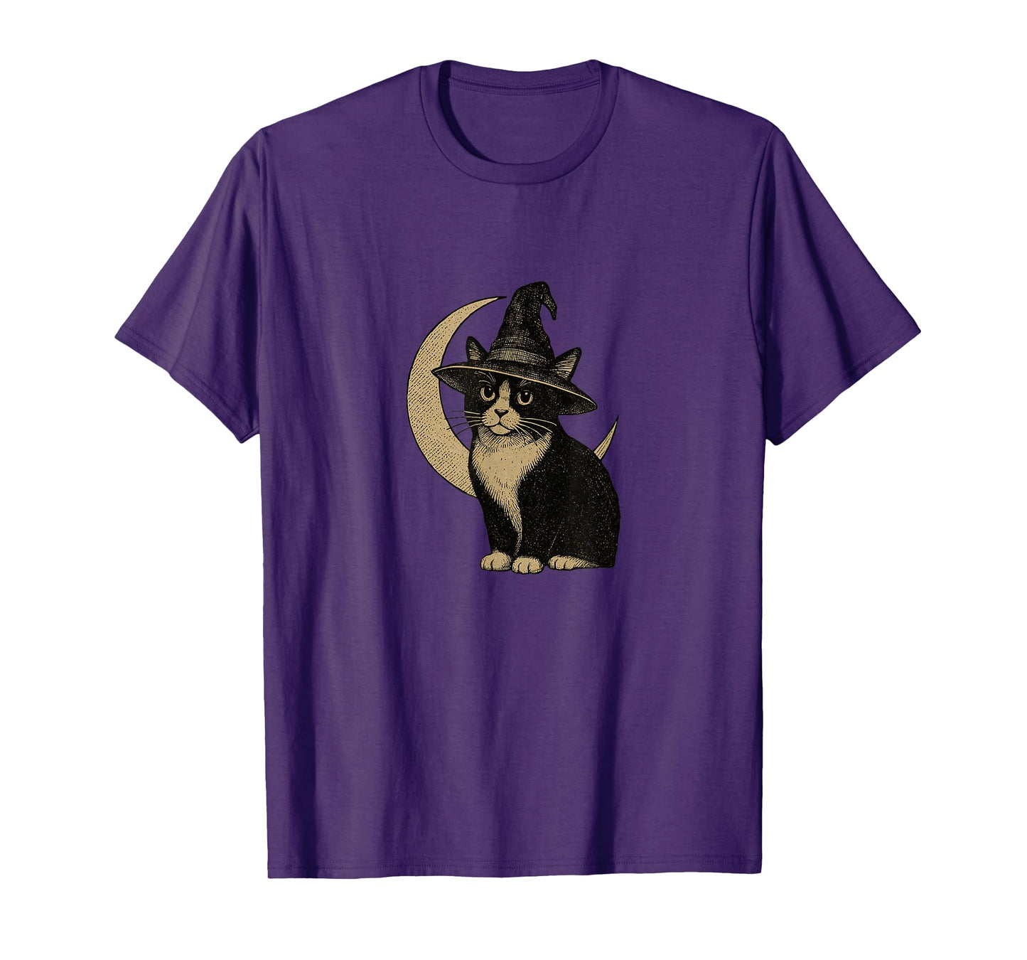 Black White Tuxedo Cat Witch Halloween Crescent Moon Design T-Shirt
