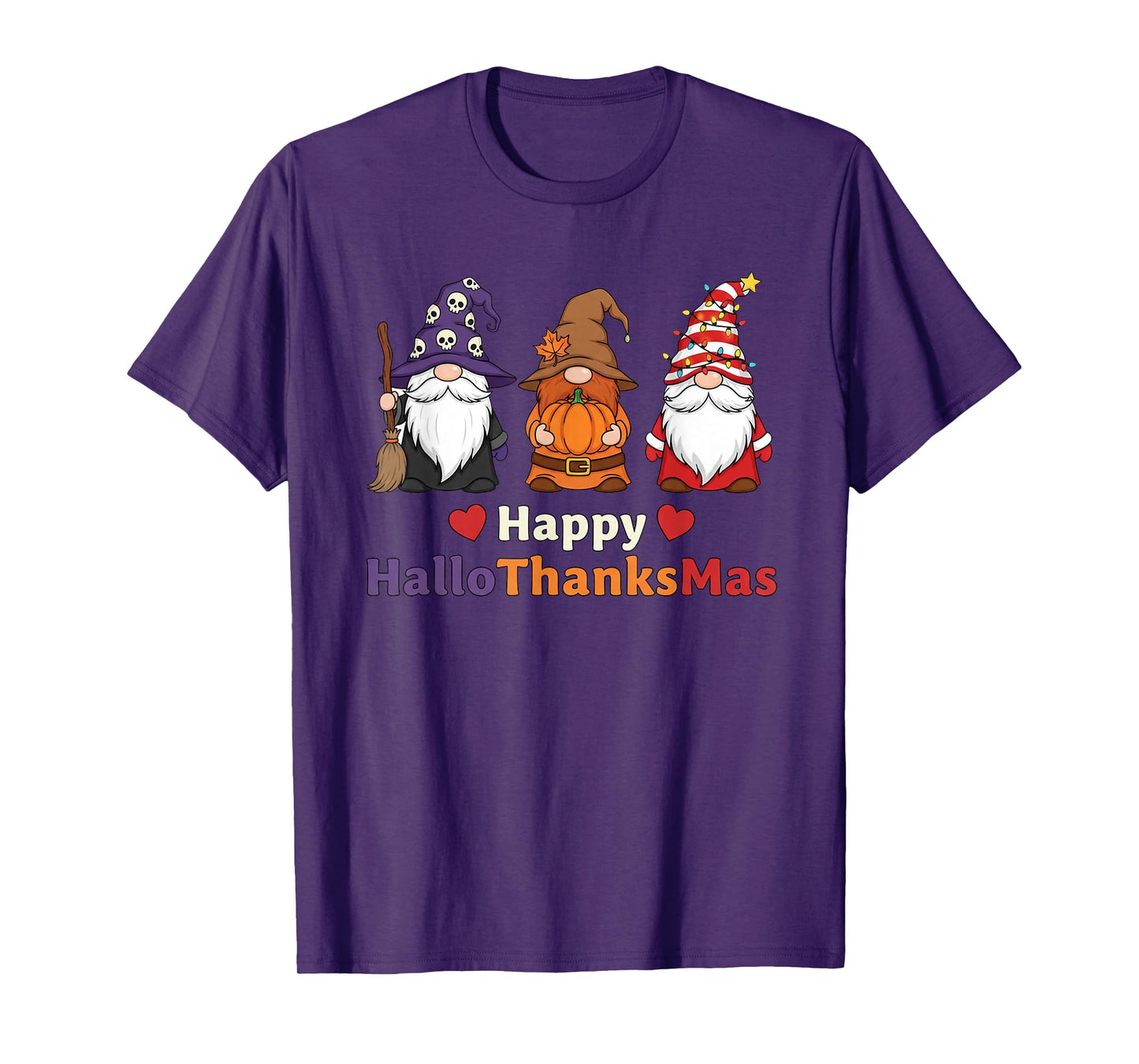 Happy Hallothanksmas Halloween Thanksgiving Christmas Gnomes T-Shirt