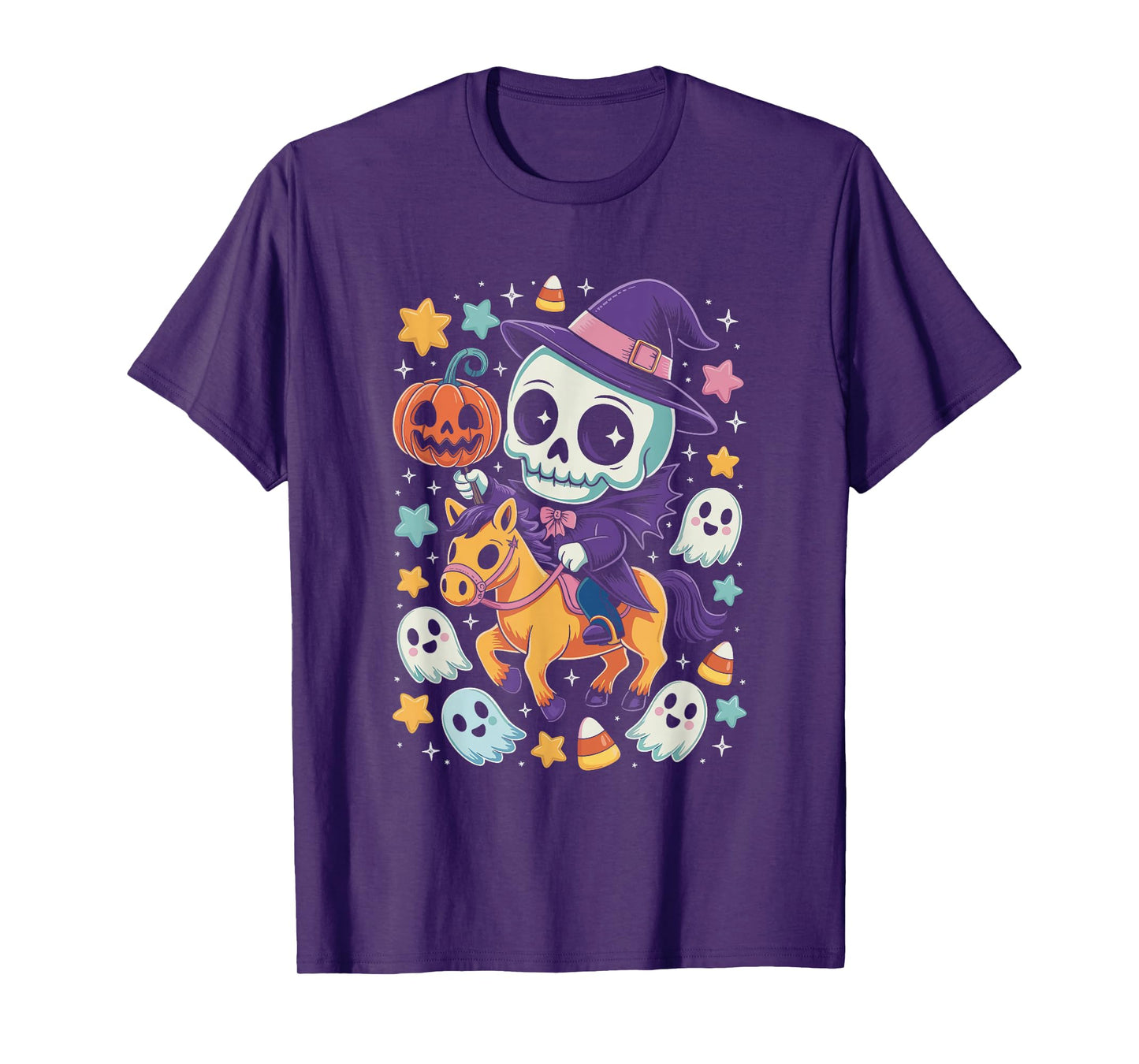 Headless Skeleton Rider Pumpkin Witch Hat Horse Halloween T-Shirt