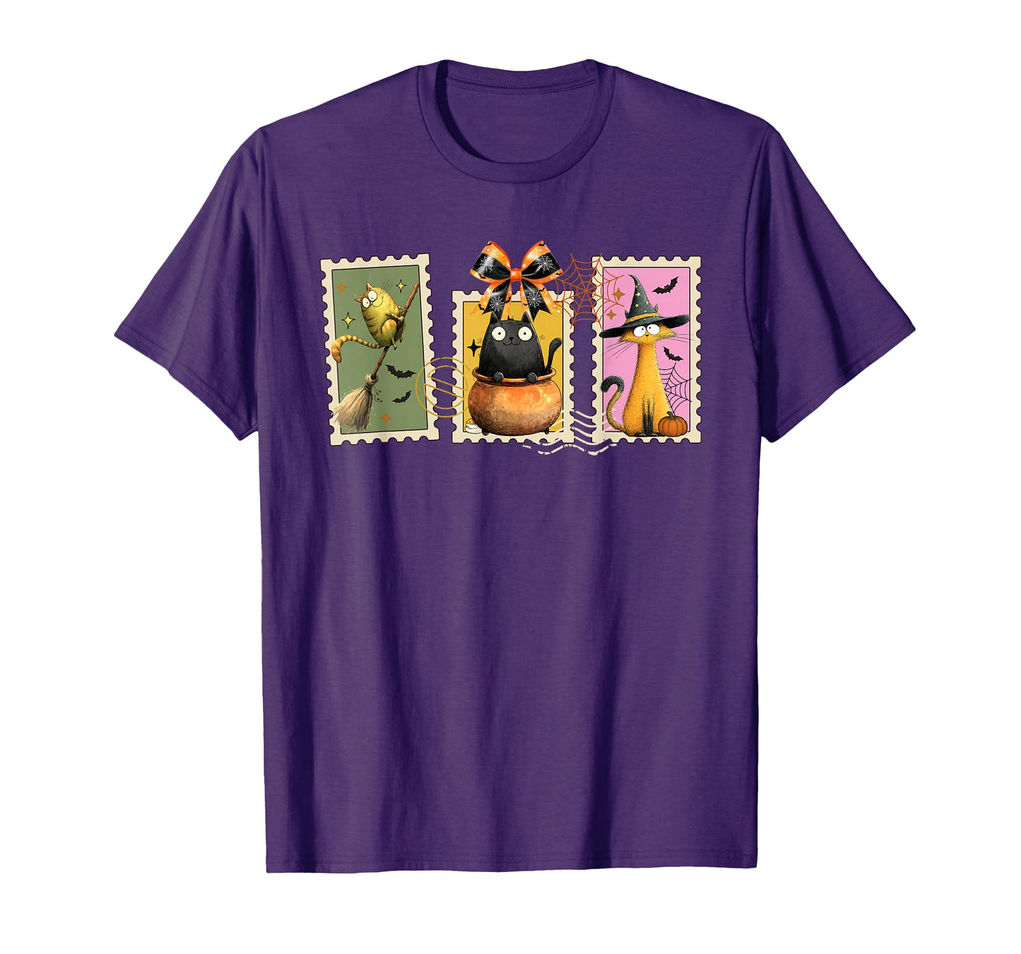 Funny Cat Halloween Witch Salem Black Cats Postage Stamp T-Shirt