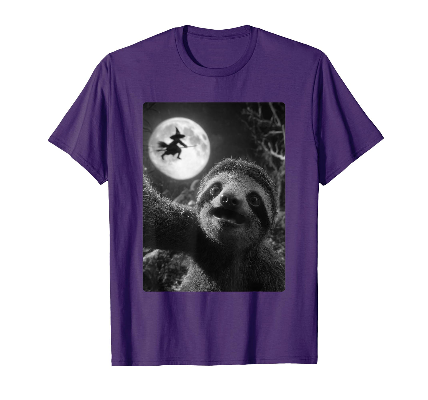 Funny Sloth Selfie Full Moon Flying Witch Forest Halloween T-Shirt