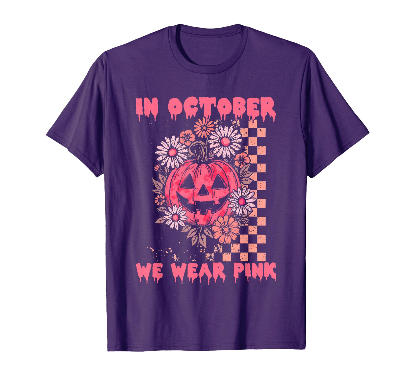 in October We Wear Pink Vintage Floral Pumpkin Halloween T-Shirt