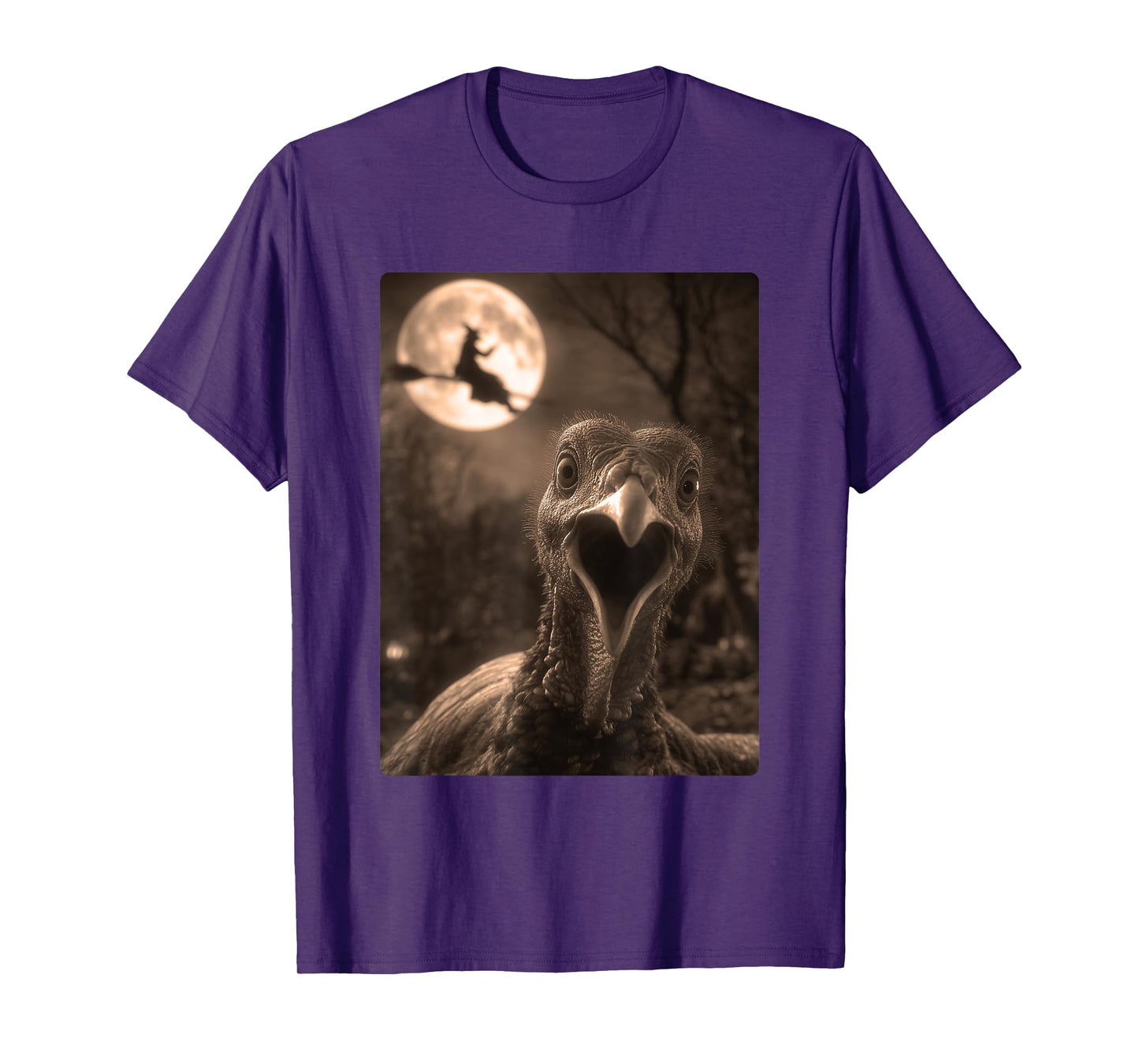 Funny Turkey Selfie Full Moon Flying Witch Forest Halloween T-Shirt