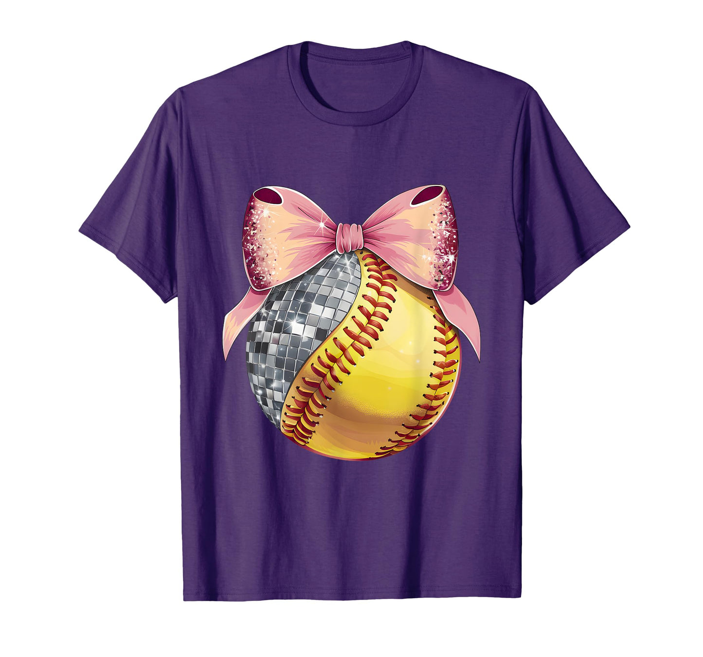 Cute Coquette Bow Disco Ball Softball Player Game Day Mom T-Shirt