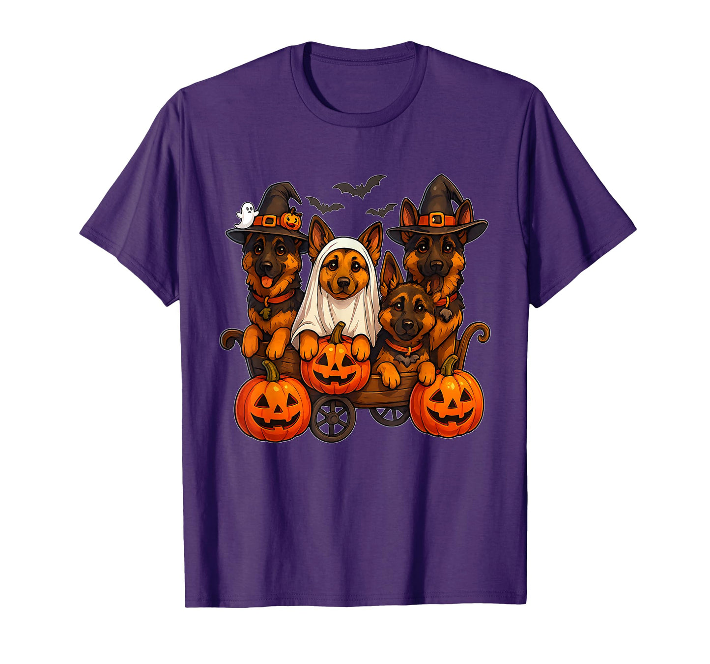 Halloween German Shepherd Ghost Witch Pumpkins Wooden Wagon T-Shirt