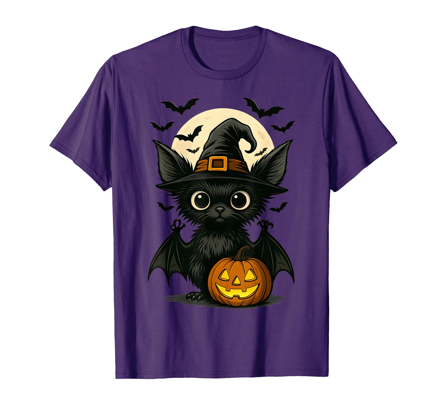 Cute Bat Wearing Witch Hat with Moon and Bats Halloween Bat T-Shirt