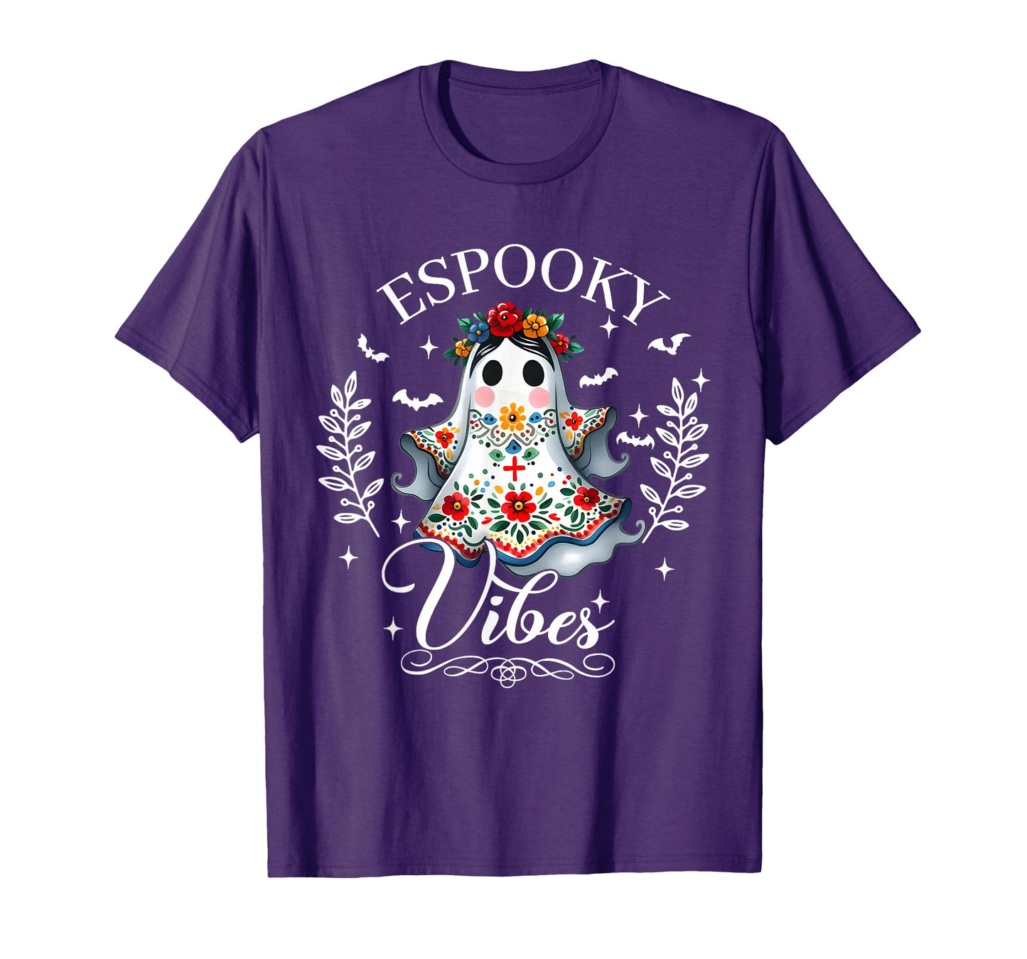 Espooky Vibes Halloween Floral Ghost Spanish Mexican Teacher T-Shirt