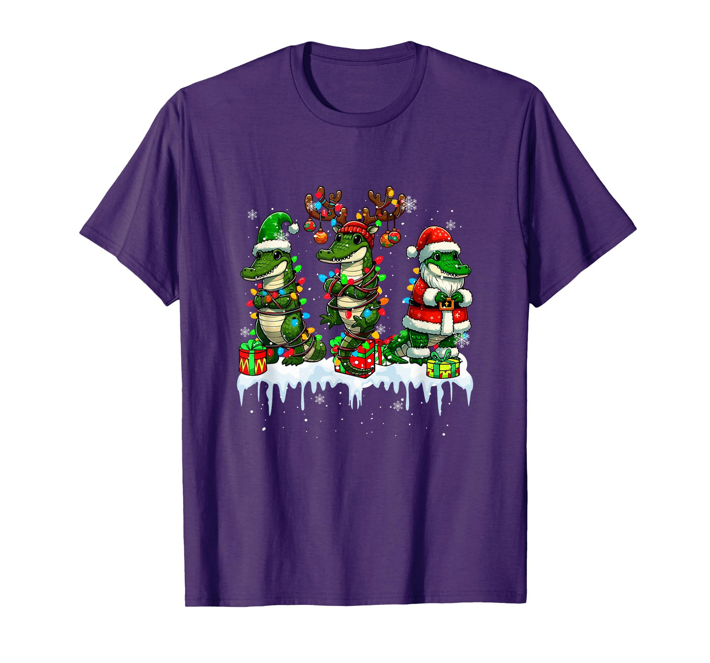 Three Santa Reindeer Elf Crocodiles Xmas Colorful Lights T-Shirt