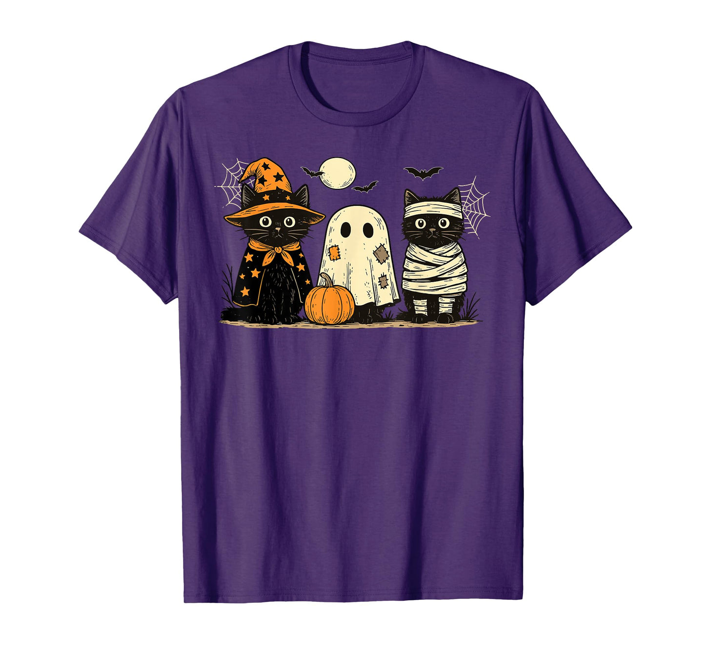 Retro Black Cat Witch Scary Halloween Pumpkin Women Men Kids T-Shirt