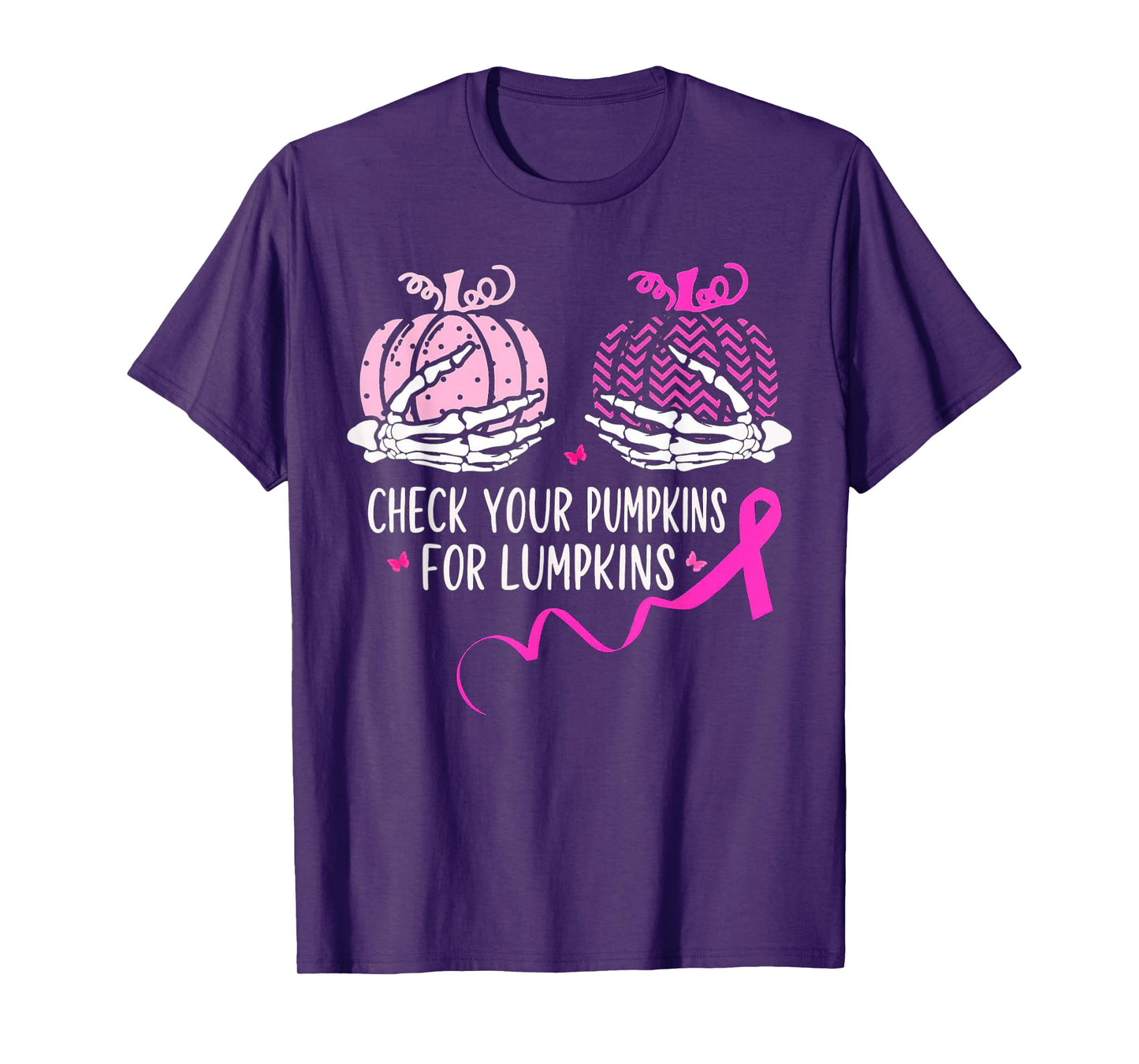 Skeleton Check Your Pumpkins Pink Breast Cancer Awareness T-Shirt