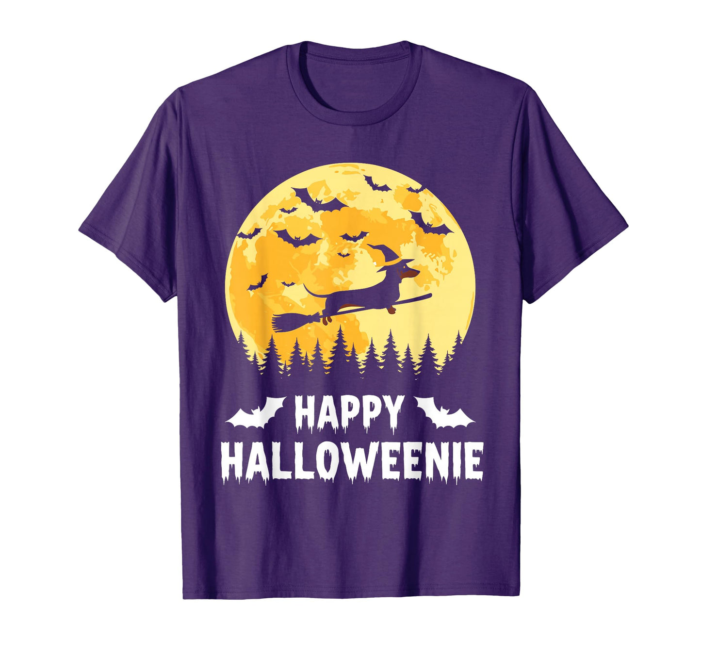 Happy Halloweenie Funny Halloween Dachshund Flying Witch T-Shirt