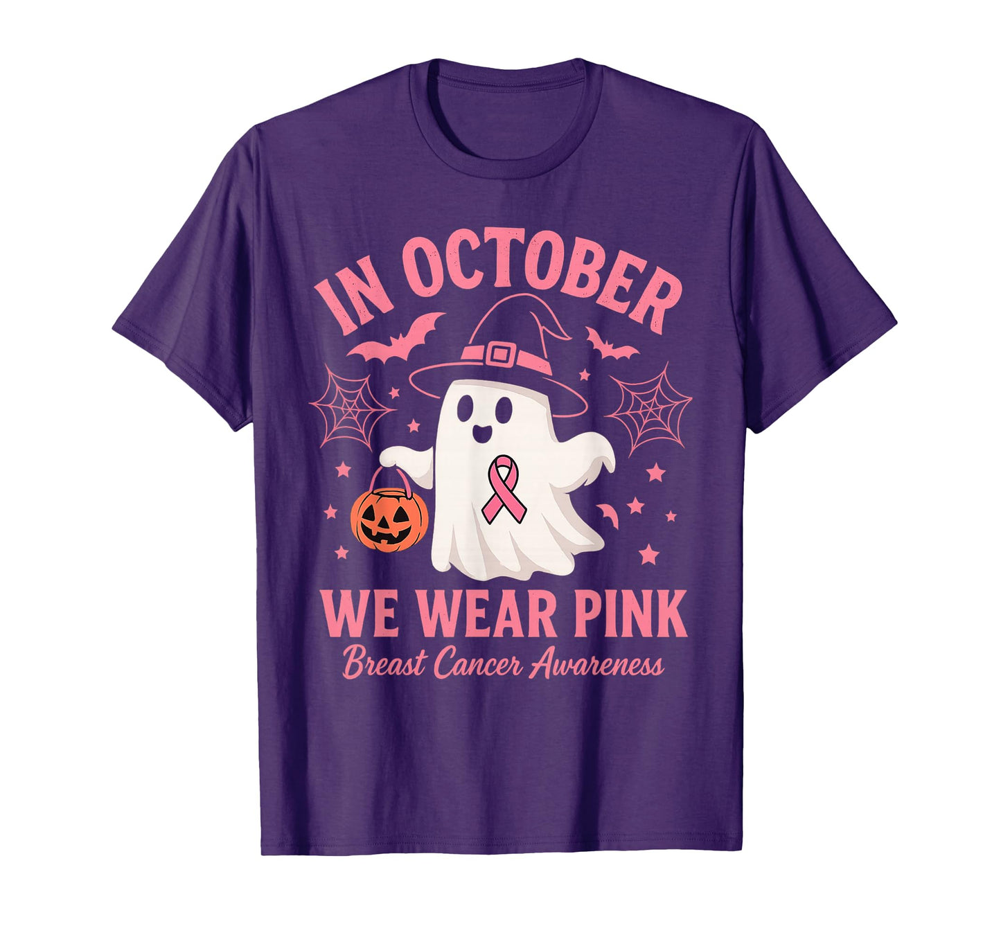 in October We Wear Pink Ghost Witch Breast Cancer Awareness T-Shirt