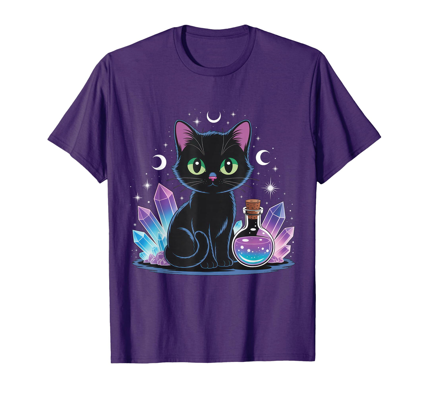 Black Cat Crystals Potion Bottle Moon Mystic Witchy Vibes T-Shirt