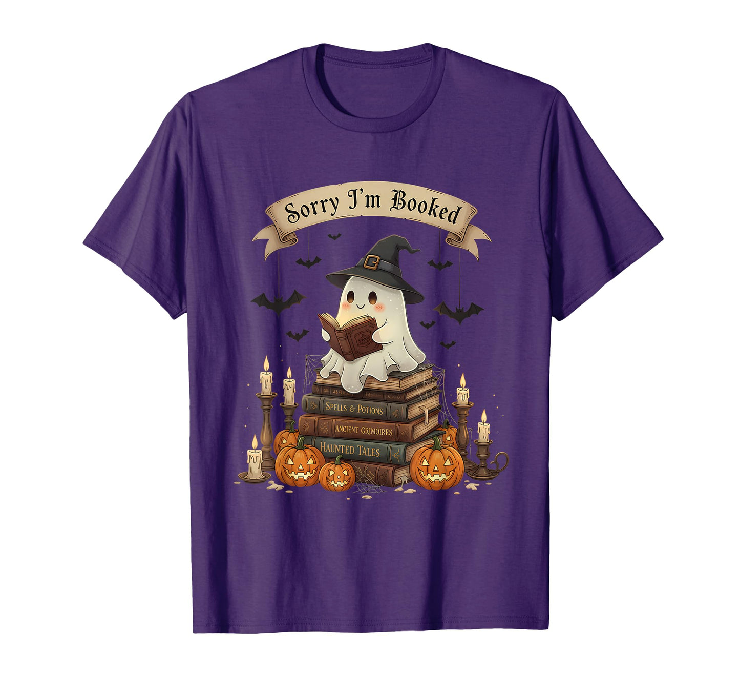 Sorry I’m Booked Ghost Reading Witch Hat Pumpkin Halloween T-Shirt