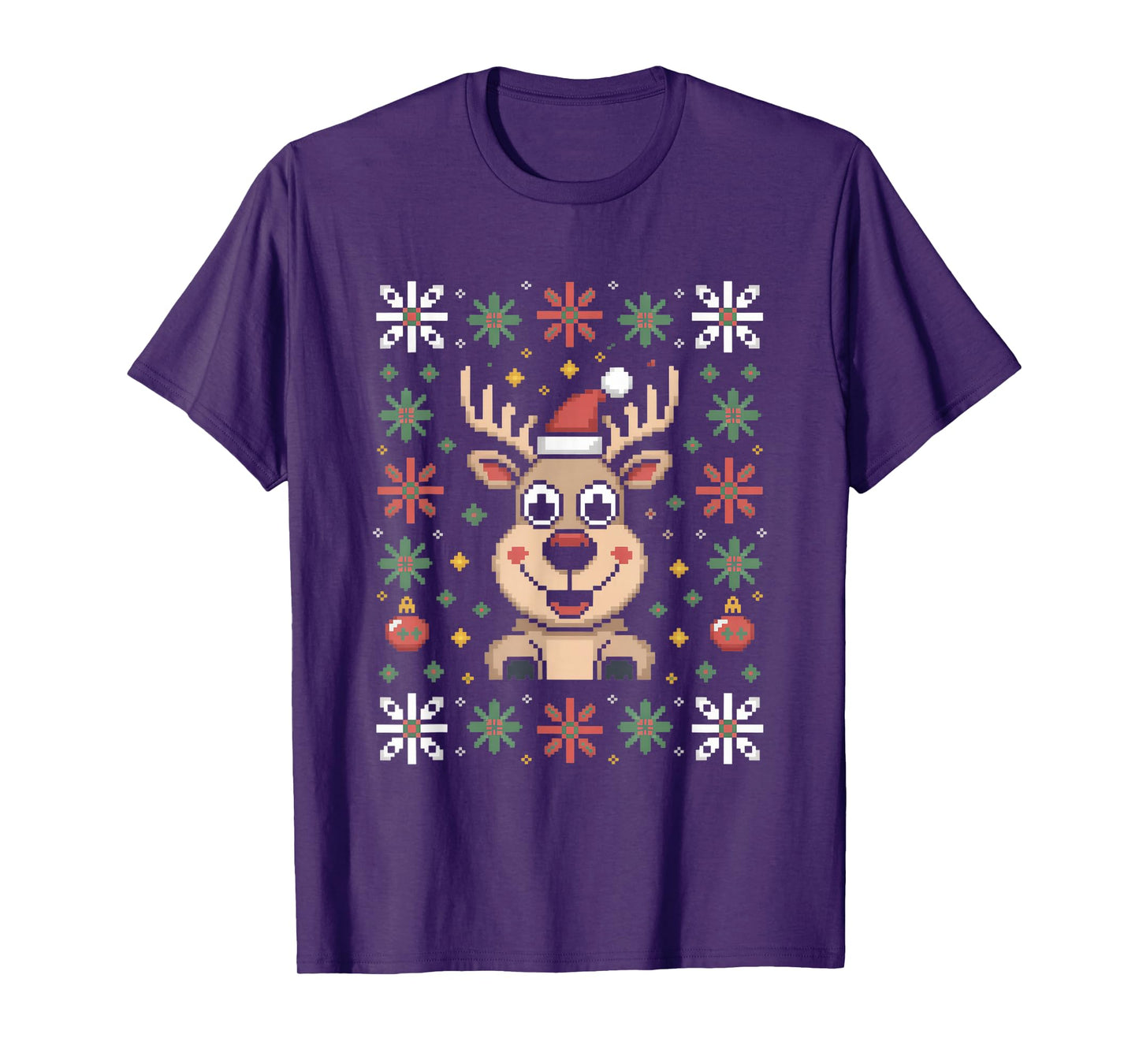 Cute Reindeer Ugly Christmas Sweater Pixel Santa T-Shirt