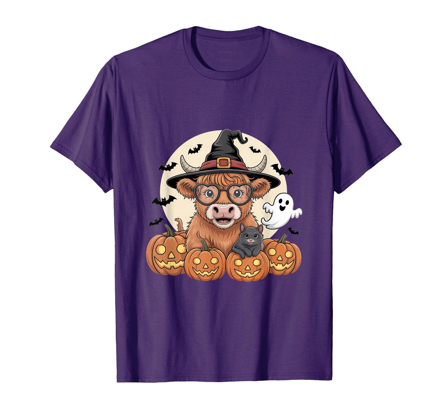 Cute Highland Cow Witch Halloween Pumpkin Black Cat Ghost T-Shirt