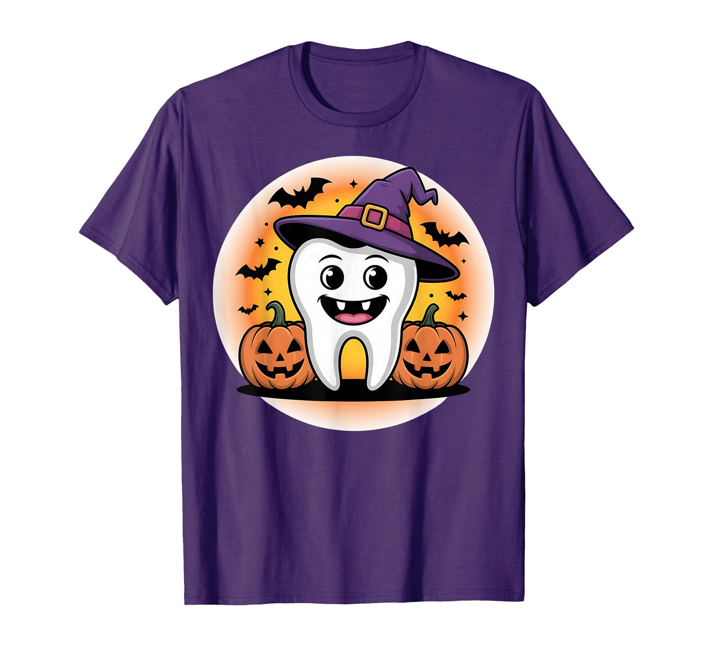 Halloween Tooth with Witch Hat and Pumpkins Design T-Shirt