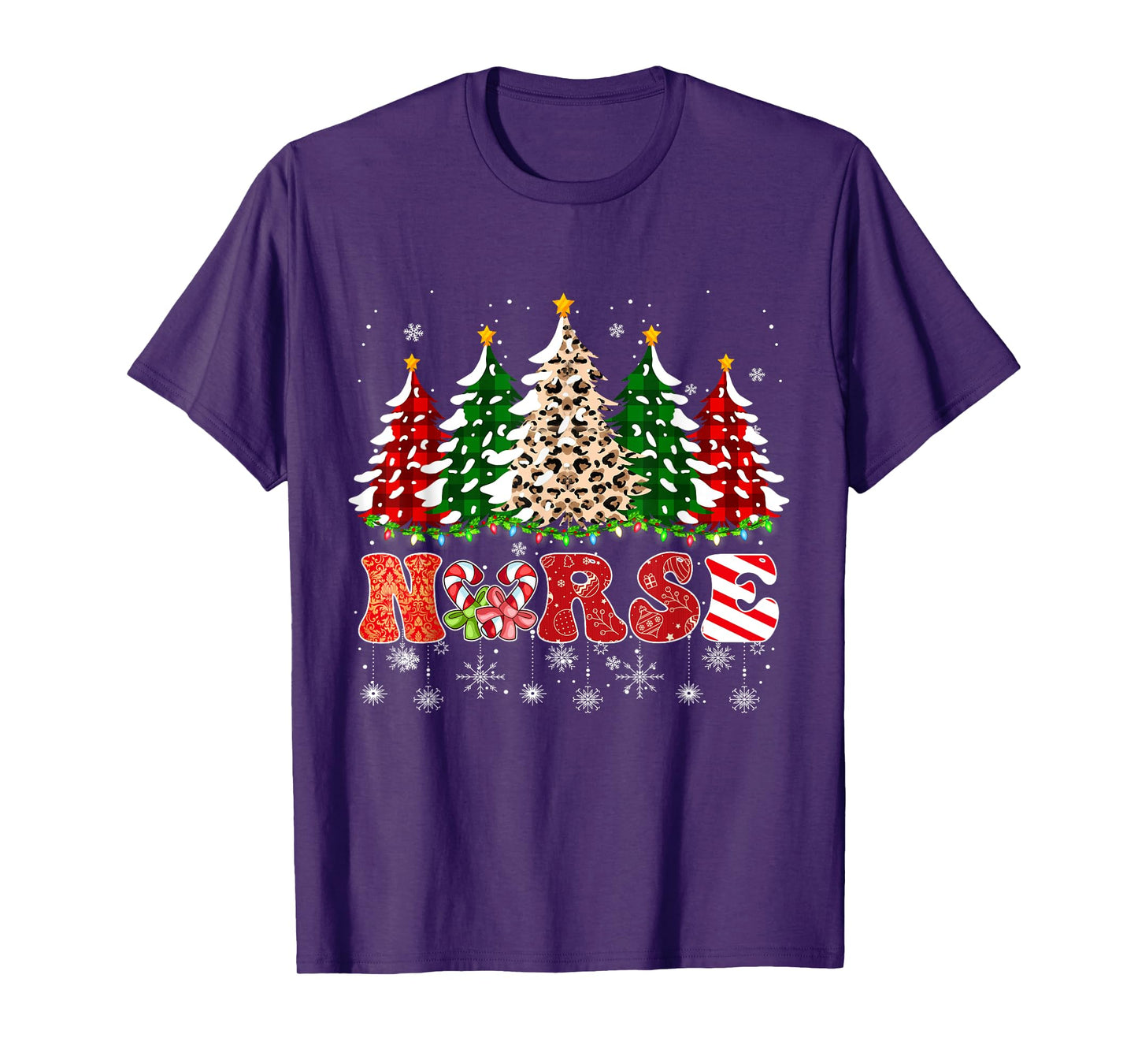 Nurse Christmas Tree Leopard Buffalo Plaid Red Green Xmas T-Shirt
