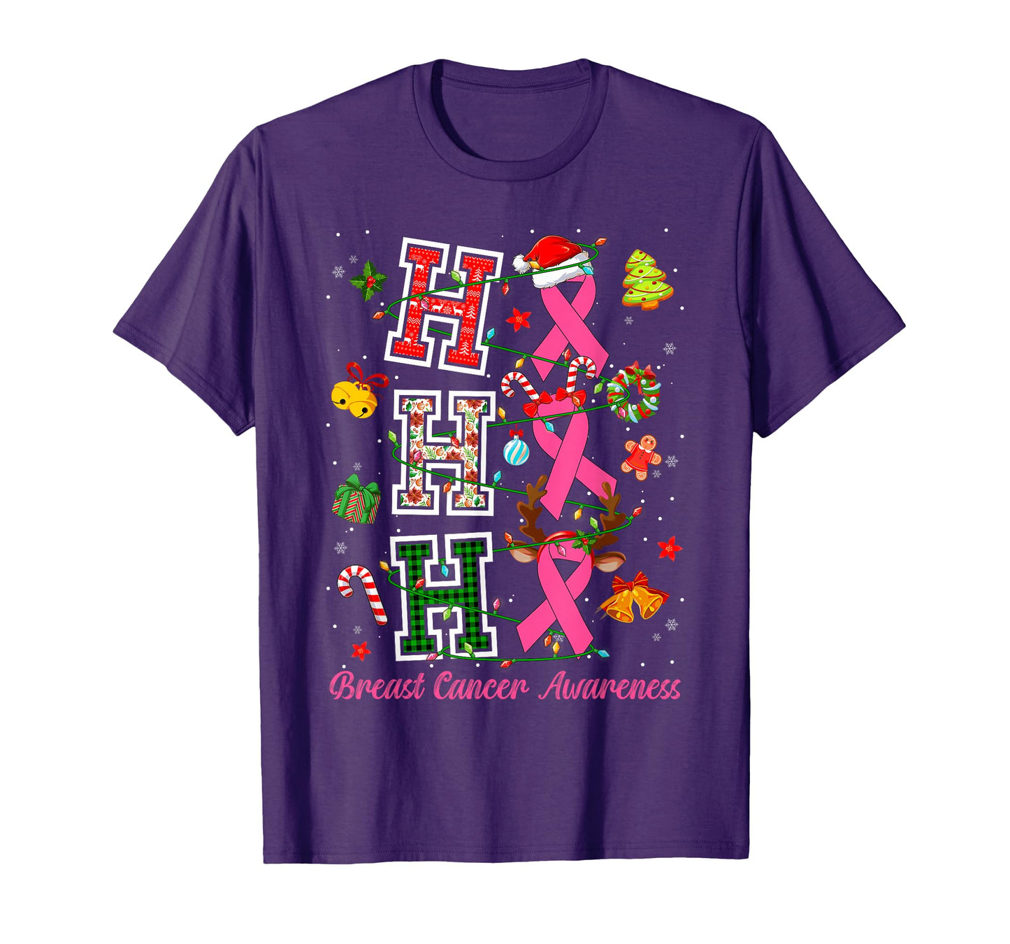 HoHoHo Pink Ribbon Santa Hat Christmas Lights Breast Cancer T-Shirt
